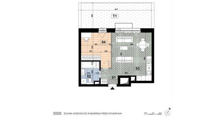 Lokal usługowy LD 01 na parterze budynku D: 45,08 m², open space 22,73 m², magazyn, łazienka i taras o powierzchni 24,10 m².