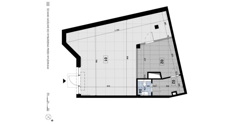 Lokal usługowy LE 01: 88,09 m², parter, budynek E, przestrzeń usługowa, magazyn i wydzielone zaplecze sanitarne.