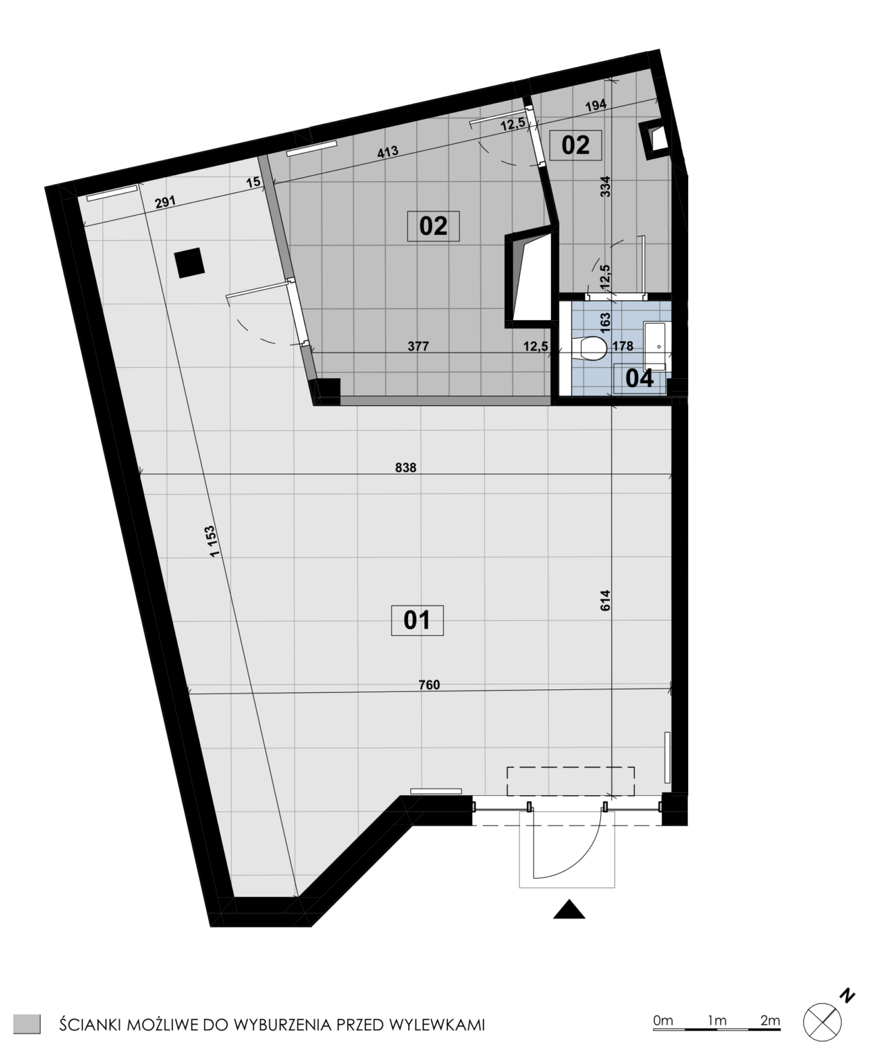 Lokal usługowy LE 01 znajduje się na parterze budynku E i ma powierzchnię 88,09 m². Jego największą część stanowi przestrzeń usługowa o powierzchni 63,49 m², a magazyn zajmuje 15,92 m². Pozostałą część lokalu tworzy wydzielone zaplecze sanitarne złożone z dwóch osobnych pomieszczeń o powierzchniach 6,03 m² i 2,65 m².