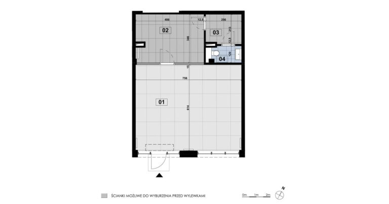 Lokal usługowy LE 02: 72,39 m², parter, budynek E, przestrzeń usługowa, magazyn i wydzielone zaplecze sanitarne.