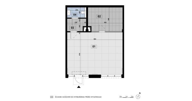 Lokal usługowy LE 03: 76,23 m², parter, budynek E, przestrzeń usługowa, magazyn i wydzielone zaplecze sanitarne.