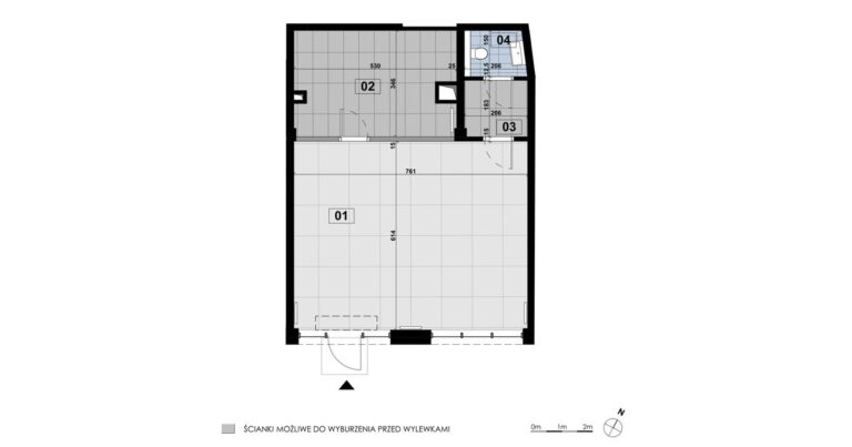 Lokal usługowy LE 04: 72,12 m², parter, budynek E, przestrzeń usługowa, magazyn i wydzielone zaplecze sanitarne.