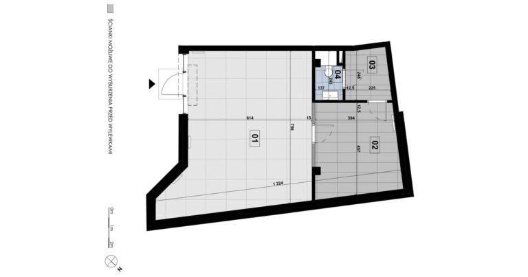 Lokal usługowy LE 05: 79,00 m², parter, budynek E, przestrzeń usługowa, magazyn i wydzielone zaplecze sanitarne.