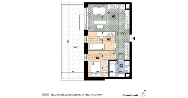 Trzypokojowe mieszkanie MD 02 na parterze budynku D: 49,95 m², salon z aneksem 19,00 m², dwie sypialnie i taras 28,75 m².