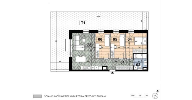 Czteropokojowe mieszkanie MD 03 na parterze budynku D: 69,85 m², salon z aneksem 24,26 m², trzy sypialnie i taras 65,08 m².