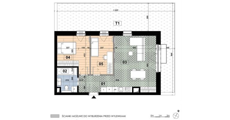 Trzypokojowe mieszkanie MD 04 na parterze budynku D: 60,34 m², salon z aneksem 26,15 m², dwie sypialnie i taras 45,92 m².
