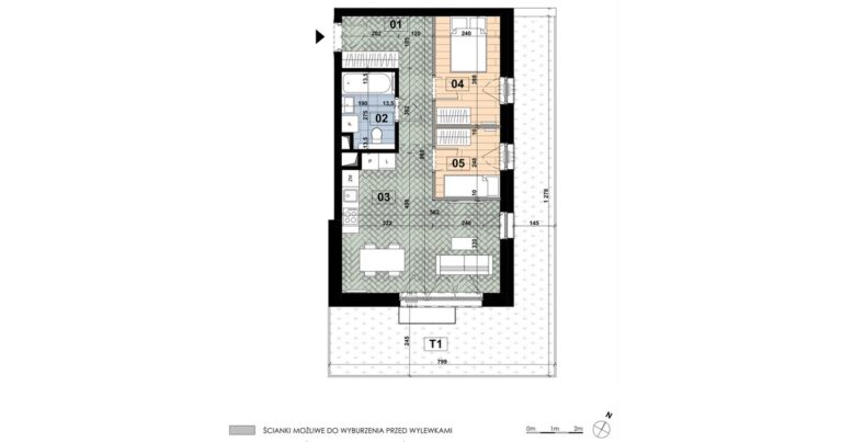 Trzypokojowe mieszkanie MD 05 na parterze budynku D: 52,69 m², salon z aneksem 23,89 m², dwie sypialnie i taras 34,55 m².