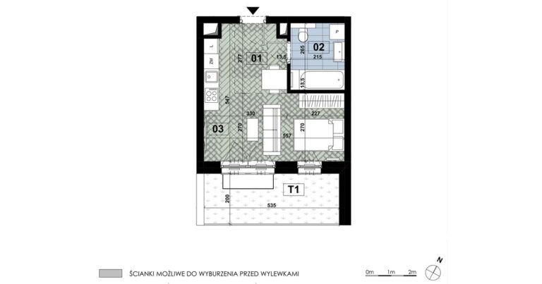Jednopokojowe mieszkanie MD 06 na parterze budynku D: 29,18 m², salon z aneksem 18,00 m², łazienka i taras 10,70 m².