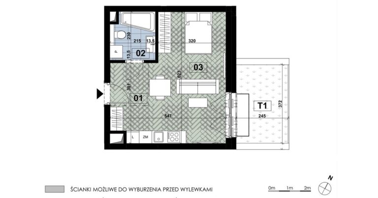 Jednopokojowe mieszkanie MD 08 na parterze budynku D: 32,82 m², salon z aneksem 21,31 m², łazienka i taras 9,08 m².