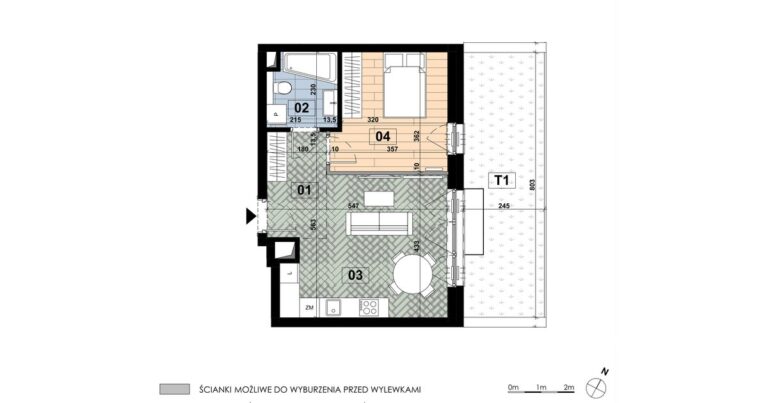 Dwupokojowe mieszkanie MD 09 na parterze budynku D: 41,34 m², salon z aneksem 18,87 m², sypialnia i taras 19,67 m².