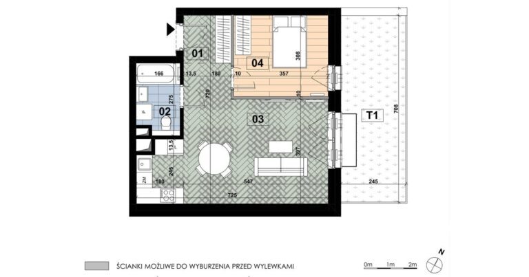 Dwupokojowe mieszkanie MD 10 na parterze budynku D: 46,70 m², salon z aneksem 28,12 m², sypialnia i taras 17,33 m².