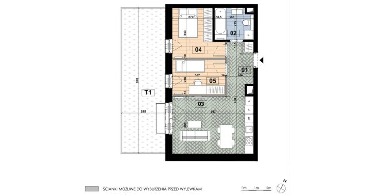 Trzypokojowe mieszkanie MD 11 na parterze budynku D: 51,43 m², salon z aneksem 21,22 m², dwie sypialnie i taras 28,84 m².