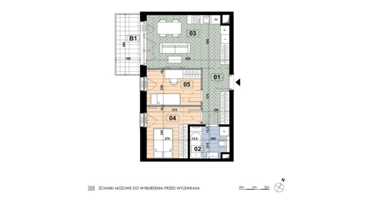 Mieszkanie MD 12: 3 pokoje, 50,48 m², 1. piętro, budynek D, salon z aneksem i 2 sypialnie, balkon 6,40 m².