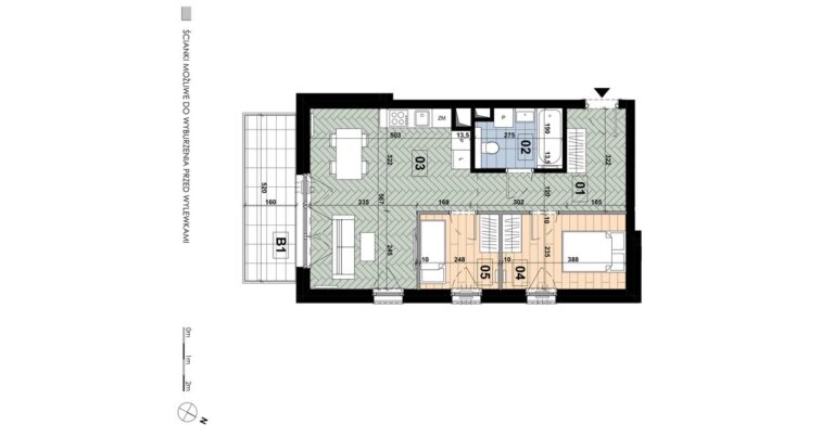 Mieszkanie MD 15: 3 pokoje, 53,46 m², 1. piętro, budynek D, salon z aneksem i 2 sypialnie, balkon 8,32 m².