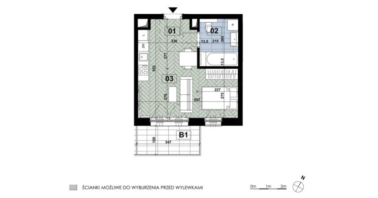 Mieszkanie MD 16: 1 pokój, 29,46 m², 1. piętro, budynek D, salon z aneksem i łazienka, balkon 5,70 m².