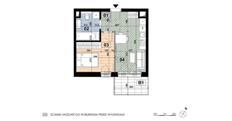 Mieszkanie MD 17: 2 pokoje, 33,11 m², 1. piętro, budynek D, salon z aneksem i sypialnia, balkon 4,78 m².