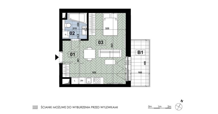 Mieszkanie MD 18: 1 pokój, 33,13 m², 1. piętro, budynek D, salon z aneksem i łazienka, balkon 6,40 m².