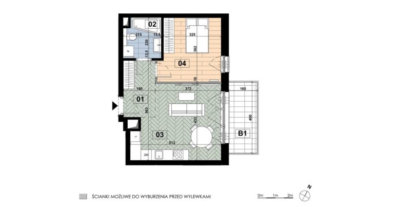 Mieszkanie MD 19: 2 pokoje, 41,73 m², 1. piętro, budynek D, salon z aneksem i sypialnia, balkon 6,40 m².