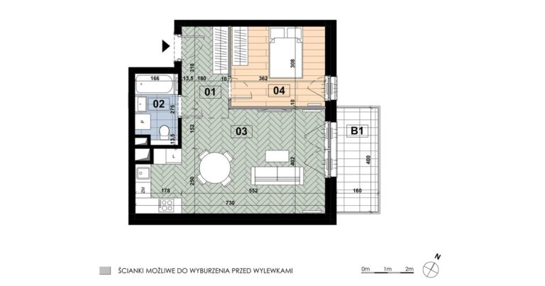 Mieszkanie MD 20: 2 pokoje, 47,42 m², 1. piętro, budynek D, salon z aneksem i sypialnia, balkon 6,40 m².