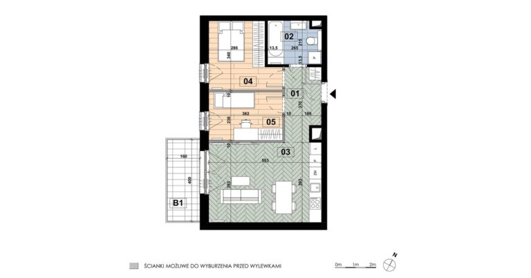 Mieszkanie MD 21: 3 pokoje, 52,20 m², 1. piętro, budynek D, salon z aneksem i 2 sypialnie, balkon 6,40 m².