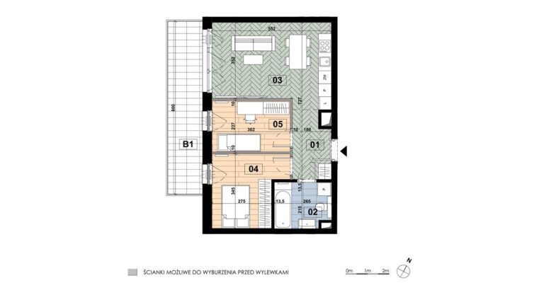 Mieszkanie MD 22: 3 pokoje, 50,19 m², 1. piętro, budynek D, salon z aneksem i 2 sypialnie, balkon 12,80 m².