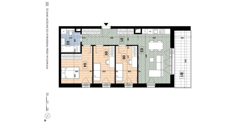 Mieszkanie MD 24: 4 pokoje, 69,58 m², 2. piętro, budynek D, salon z aneksem i 3 sypialnie, balkon 11,34 m².