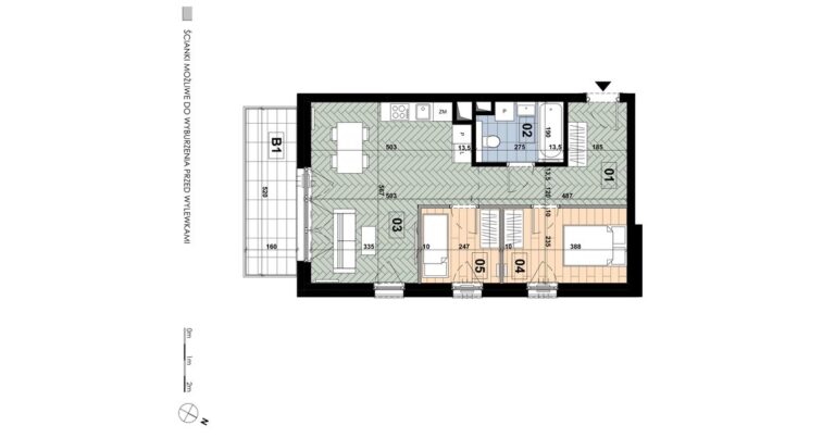 Mieszkanie MD 26: 3 pokoje, 53,46 m², 2. piętro, budynek D, salon z aneksem i 2 sypialnie, balkon 8,32 m².