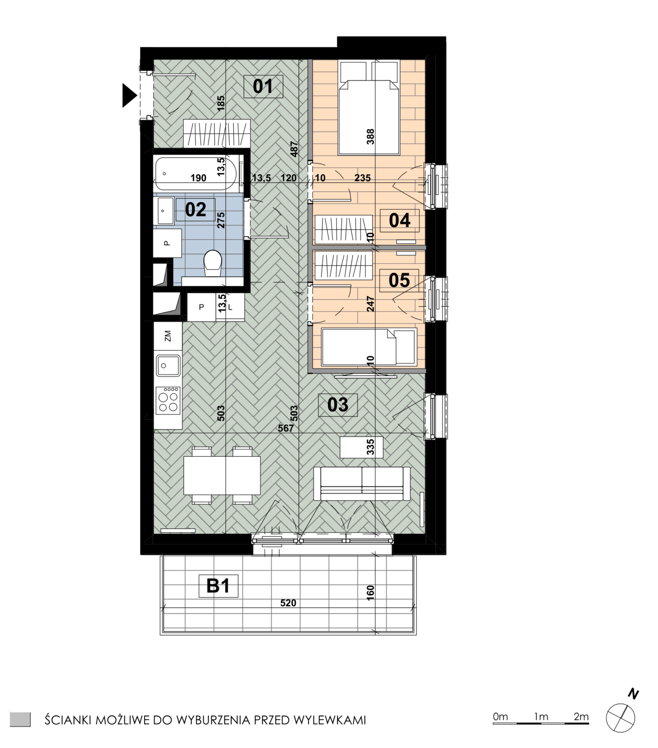 Trzypokojowe mieszkanie MD 26 znajduje się na drugim piętrze budynku D i obejmuje 53,46 m². Salon z aneksem kuchennym zajmuje 24,25 m² i jest największym pomieszczeniem; sypialnia główna ma 9,09 m², druga sypialnia 5,82 m², a łazienka 4,97 m². Mieszkanie ma balkon o powierzchni 8,32 m².