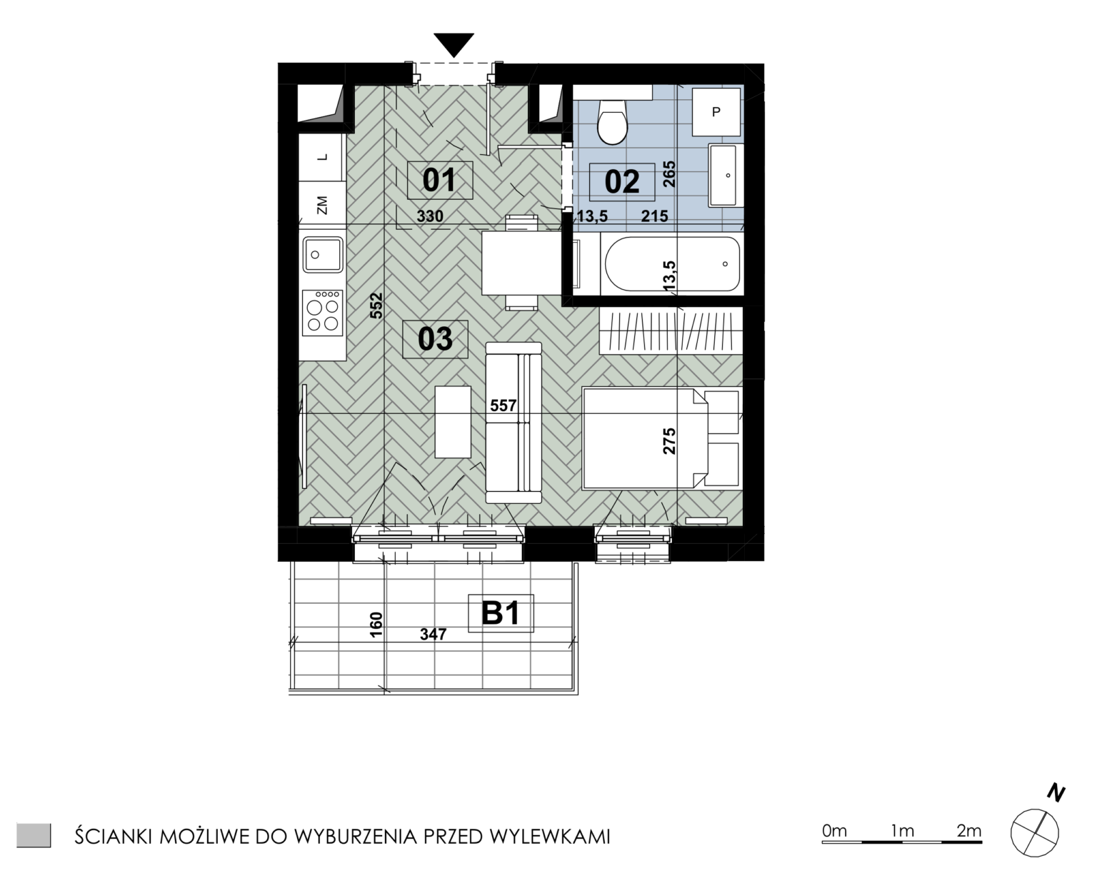 Jednopokojowe mieszkanie MD 27 położone jest na drugim piętrze budynku D i ma powierzchnię 29,46 m². Głównym pomieszczeniem pozostaje salon z aneksem kuchennym o powierzchni 20,29 m², a łazienka ma 5,70 m². Układ uzupełnia funkcjonalna strefa wejściowa o powierzchni 3,47 m². Do mieszkania przynależy balkon o powierzchni 5,70 m².