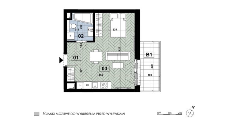 Mieszkanie MD 29: 1 pokój, 33,13 m², 2. piętro, budynek D, salon z aneksem i łazienka, balkon 6,40 m².