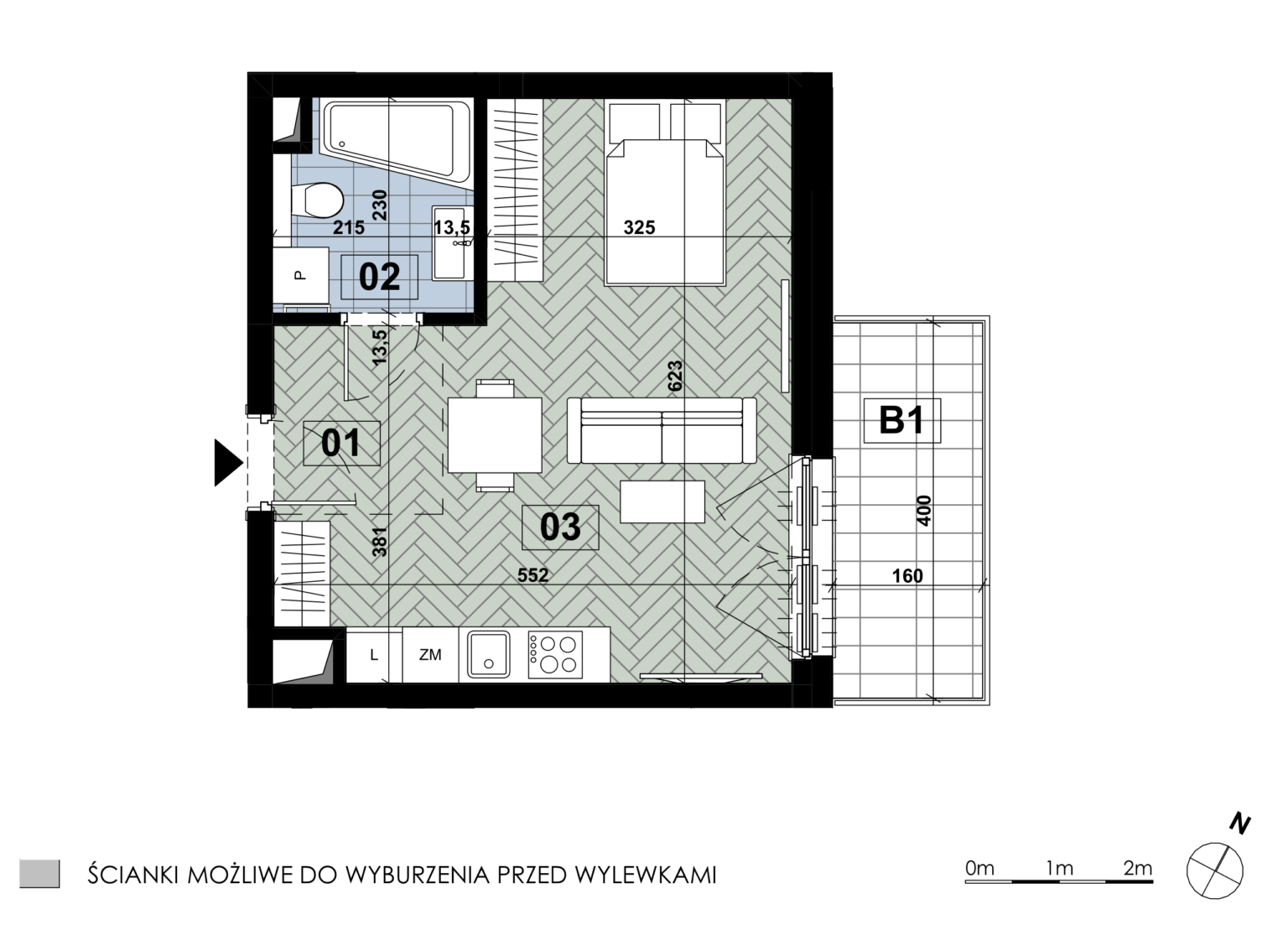 Jednopokojowe mieszkanie MD 29 znajduje się na drugim piętrze budynku D i ma powierzchnię 33,13 m². Największym pomieszczeniem jest salon z aneksem kuchennym o powierzchni 24,82 m², a łazienka zajmuje 4,69 m². Funkcjonalna strefa wejściowa ma powierzchnię 3,62 m². Do mieszkania przynależy balkon liczący 6,40 m².