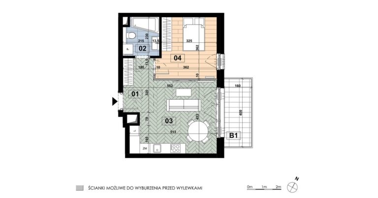 Mieszkanie MD 30: 2 pokoje, 41,73 m², 2. piętro, budynek D, salon z aneksem i sypialnia, balkon 6,40 m².