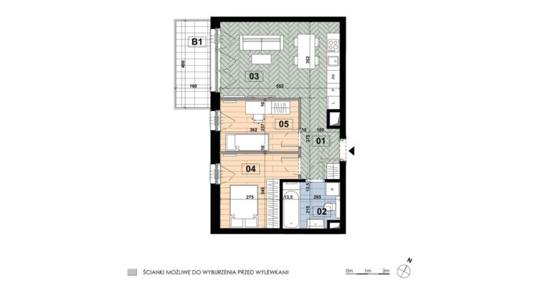 Mieszkanie MD 33: 3 pokoje, 50,12 m², 2. piętro, budynek D, salon z aneksem i 2 sypialnie, balkon 6,40 m².
