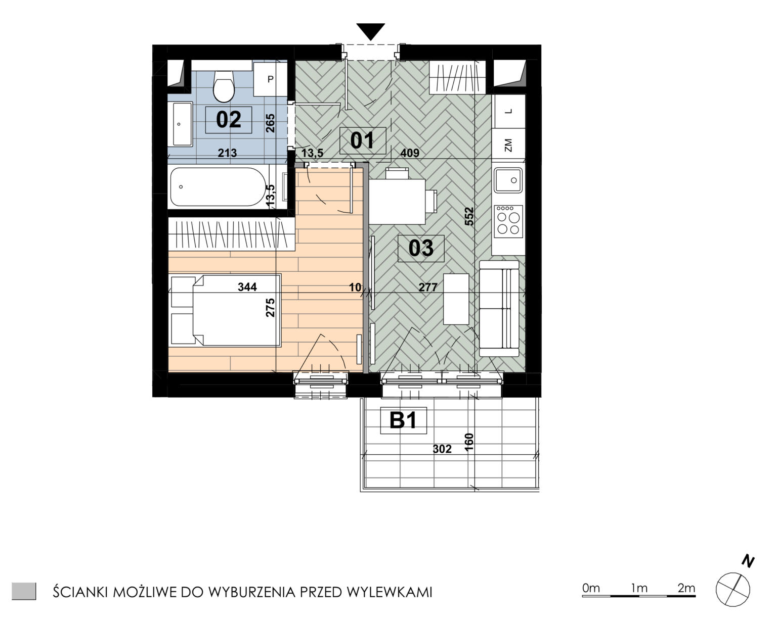 Dwupokojowe mieszkanie MD 39 mieści się na trzecim piętrze budynku D i obejmuje łącznie 33,11 m². Główną przestrzeń tworzy salon z aneksem kuchennym o powierzchni 14,16 m², natomiast sypialnia główna ma 10,52 m², a łazienka 5,38 m². Do mieszkania przynależy balkon o powierzchni 4,78 m².