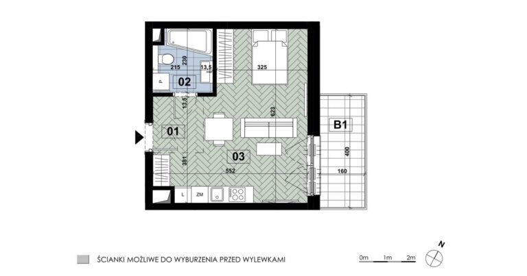 Mieszkanie MD 40: 1 pokój, 33,13 m², 3. piętro, budynek D, salon z aneksem i łazienka, balkon 6,40 m².