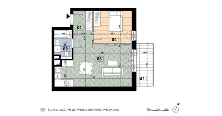 Mieszkanie MD 42: 2 pokoje, 47,42 m², 3. piętro, budynek D, salon z aneksem i sypialnia, balkon 6,40 m².