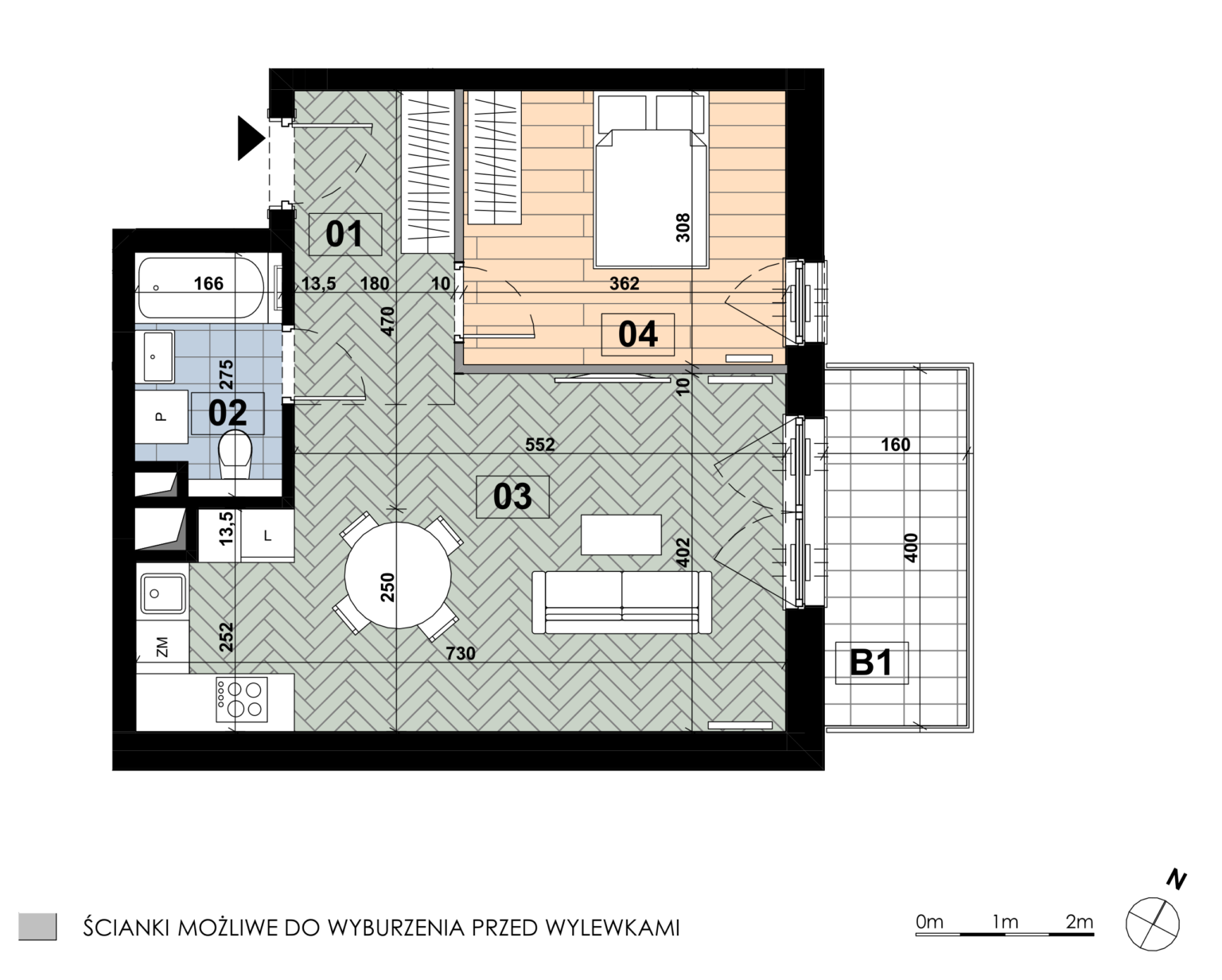 Dwupokojowe mieszkanie MD 42 mieści się na trzecim piętrze budynku D i obejmuje łącznie 47,42 m². Salon z aneksem kuchennym zajmuje 25,61 m² i jest największym pomieszczeniem, natomiast sypialnia główna ma 11,14 m², a łazienka 4,32 m². Do mieszkania przynależy balkon o powierzchni 6,40 m².