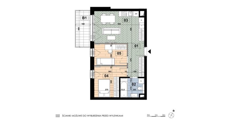 Mieszkanie MD 45: 3 pokoje, 50,48 m², 4. piętro, budynek D, salon z aneksem i 2 sypialnie, balkon 6,40 m².