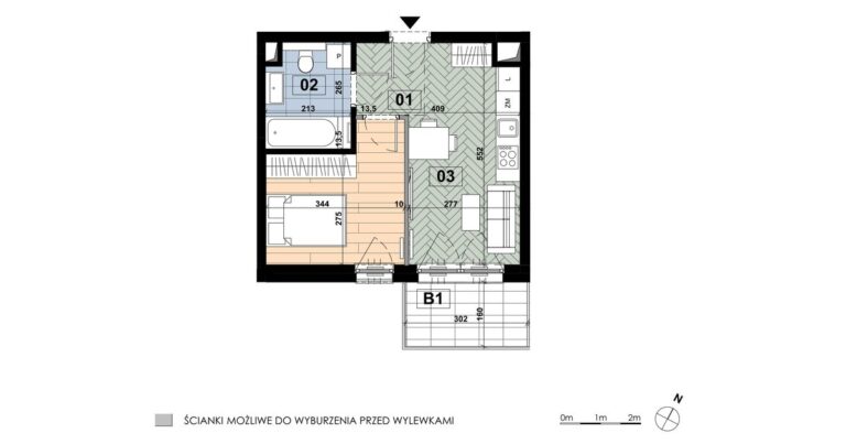 Mieszkanie MD 50: 2 pokoje, 33,11 m², 4. piętro, budynek D, salon z aneksem i sypialnia, balkon 4,78 m².