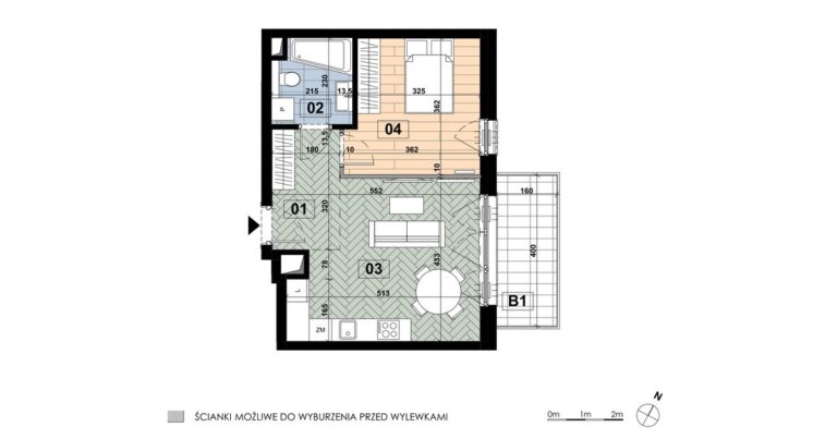 Mieszkanie MD 52: 2 pokoje, 41,73 m², 4. piętro, budynek D, salon z aneksem i sypialnia, balkon 6,40 m².