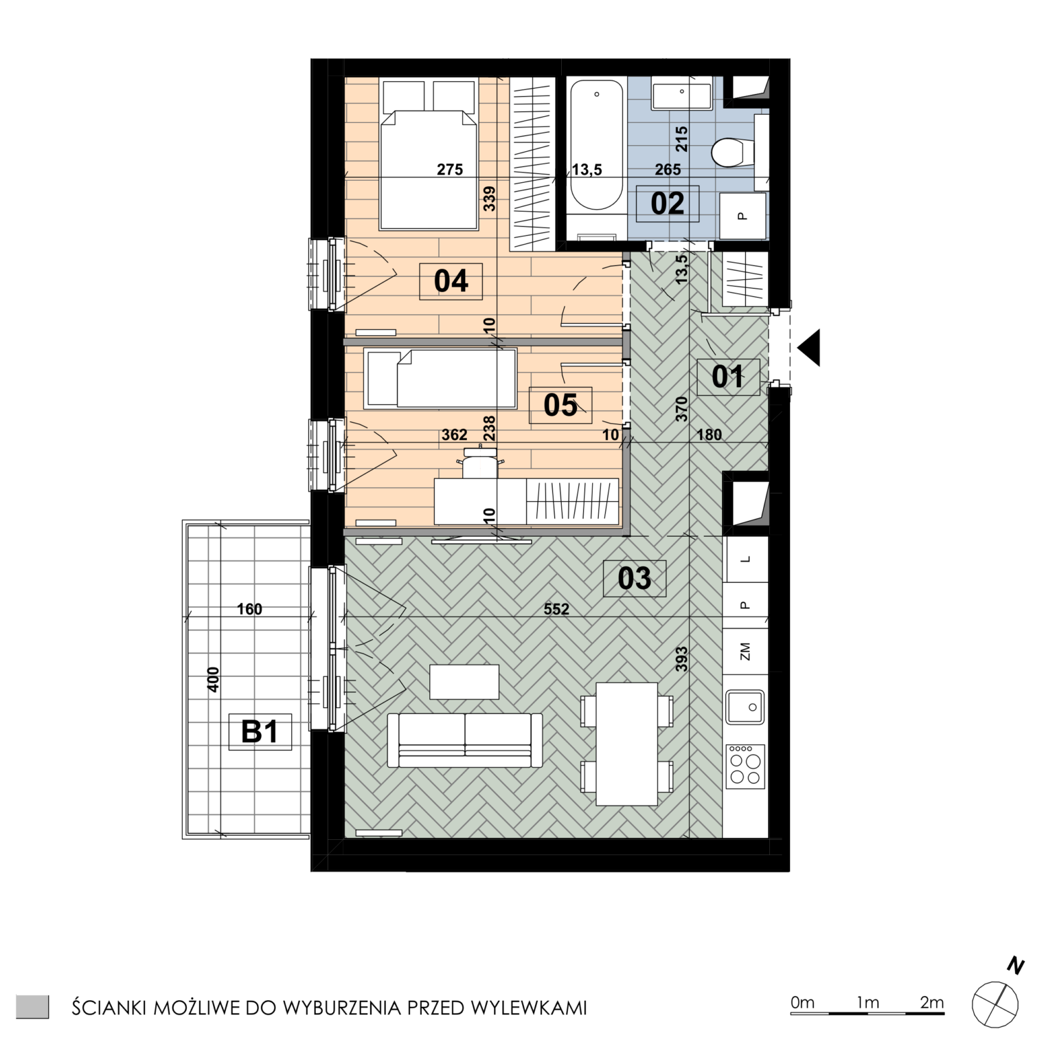 Trzypokojowe mieszkanie MD 54 znajduje się na czwartym piętrze budynku D i obejmuje 52,20 m². Salon z aneksem kuchennym zajmuje 21,69 m² i jest największym pomieszczeniem; sypialnia główna ma 10,32 m², druga sypialnia 8,60 m², a łazienka 5,44 m². Dodatkową przestrzeń stanowi balkon o powierzchni 6,40 m².