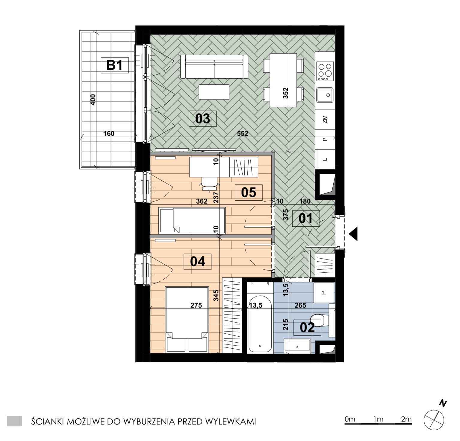Trzypokojowe mieszkanie MD 55 położone jest na czwartym piętrze budynku D i ma powierzchnię 50,12 m². Największą część wnętrza stanowi salon z aneksem kuchennym o powierzchni 20,12 m²; sypialnia główna zajmuje 10,51 m², druga sypialnia ma 8,60 m², a łazienka 5,46 m². Do mieszkania przynależy balkon o powierzchni 6,40 m².