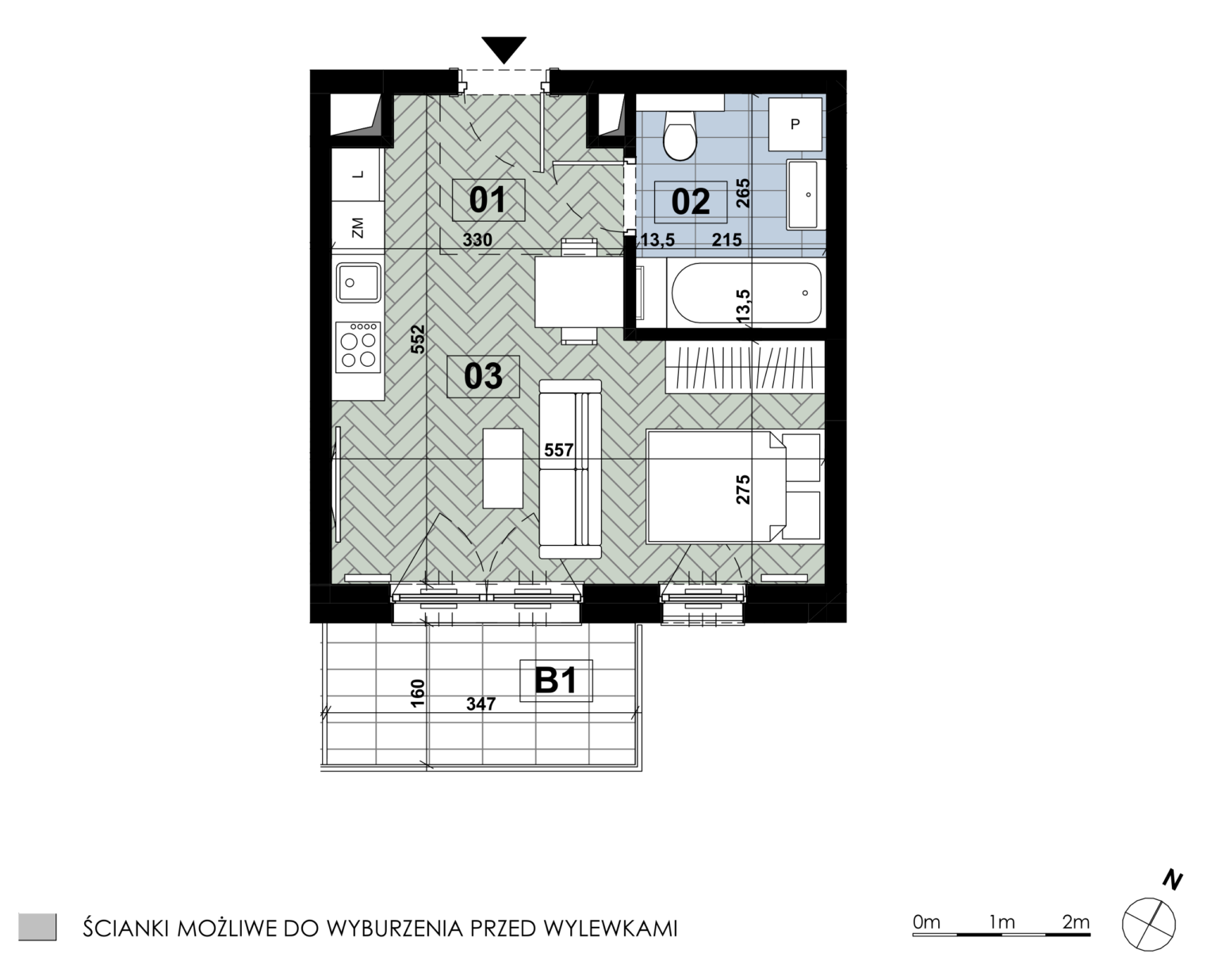 Jednopokojowe mieszkanie MD 60 położone jest na piątym piętrze budynku D i ma powierzchnię 29,46 m². Główną część wnętrza stanowi salon z aneksem kuchennym o powierzchni 20,29 m², natomiast łazienka zajmuje 5,70 m². Układ obejmuje salon z aneksem oraz łazienkę. Do mieszkania przynależy balkon o powierzchni 5,70 m².