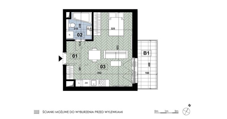 Mieszkanie MD 62: 1 pokój, 33,13 m², 5. piętro, budynek D, salon z aneksem i łazienka, balkon 6,40 m².