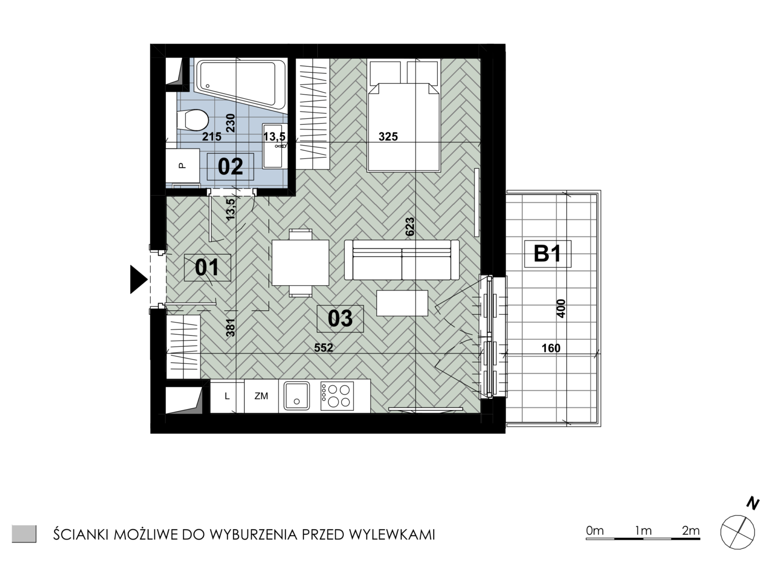 Jednopokojowe mieszkanie MD 62 znajduje się na piątym piętrze budynku D i ma powierzchnię 33,13 m². Salon z aneksem kuchennym zajmuje 24,82 m² i jest największym pomieszczeniem, natomiast łazienka ma 4,69 m². Wnętrze składa się z salonu z aneksem oraz łazienki. Mieszkanie ma balkon o powierzchni 6,40 m².