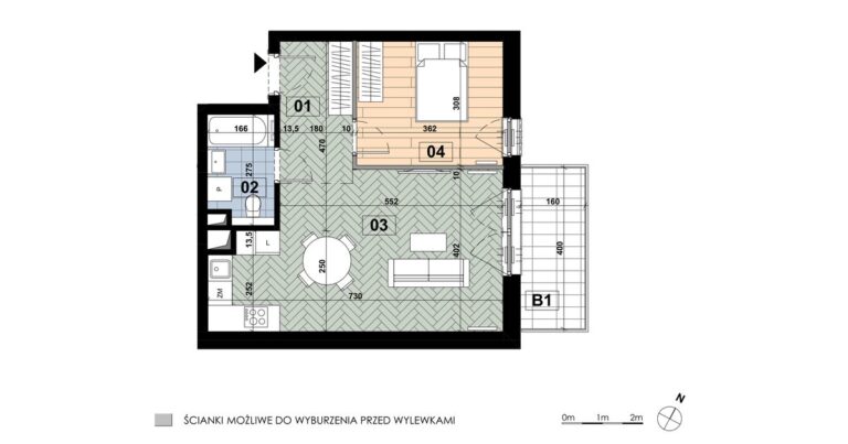 Mieszkanie MD 64: 2 pokoje, 47,42 m², 5. piętro, budynek D, salon z aneksem i sypialnia, balkon 6,40 m².