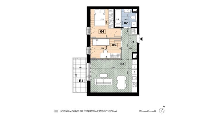 Mieszkanie MD 65: 3 pokoje, 52,20 m², 5. piętro, budynek D, salon z aneksem i 2 sypialnie, balkon 6,40 m².
