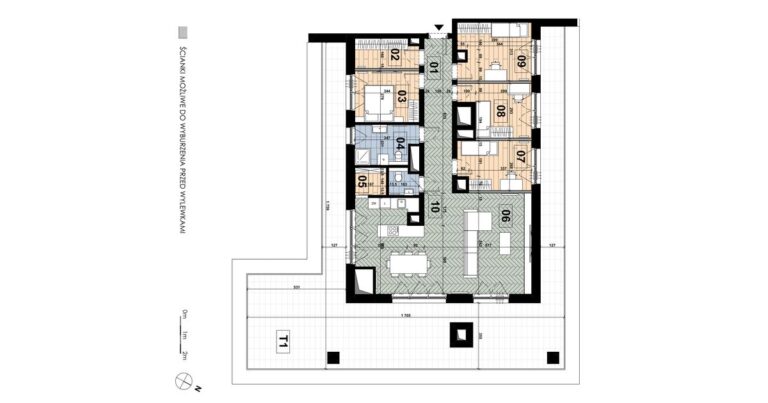 Mieszkanie MD 68: 5 pokoi, 119,12 m², 6. piętro, budynek D, salon z aneksem, 4 sypialnie i taras 100,32 m².