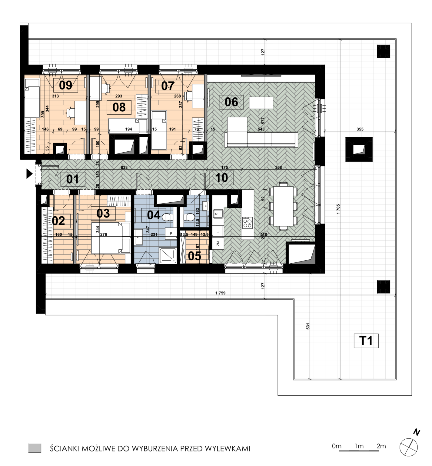 Pięciopokojowe mieszkanie MD 68 mieści się na szóstym piętrze budynku D i ma powierzchnię 119,12 m². Największym pomieszczeniem jest salon z aneksem kuchennym o powierzchni 48,20 m²; dwie sypialnie główne mają 12,14 m² i 9,49 m², a dwie pozostałe 10,21 m² i 9,77 m². Układ obejmuje łazienkę 6,89 m², garderobę 5,26 m², spiżarnię 2,49 m² i WC 2,23 m². Do mieszkania przynależy taras o powierzchni 100,32 m².