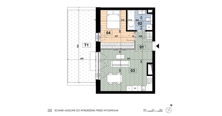 Mieszkanie ME 01: 2 pokoje, 44,71 m², parter, budynek E, salon z aneksem, sypialnia i taras 22,58 m².